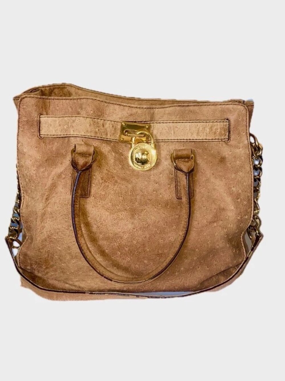 Michael Kors Hamilton Embossed Suede Tote Shoulder Bag in Cognac Ostrich Pattern - Picture 8 of 8